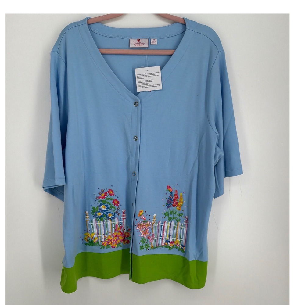 Quacker Factory NWT Garden Picket Fence Embroidered Rhinestone Cardigan 2X